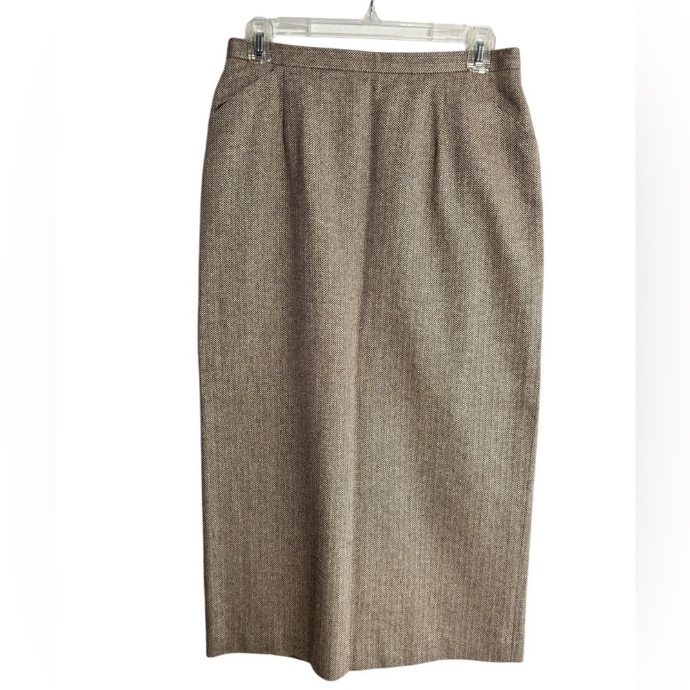 VTG Talbots Straight Midi Skirt Sz 10P Brown Tan Herringbone Pockets Cottagecore